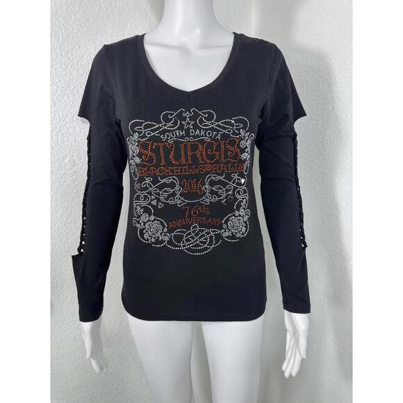 Tops - Sturgis 2016 Biker Goth Lace-Up Cutout V-Neck Tee M Rhinestone Graphic